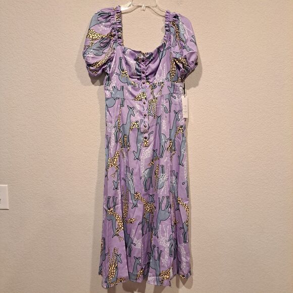 Unique Vintage Dress Purple Wild Hearts Run Free Giraffe Print Midi L 10-12 New - Picture 2 of 10